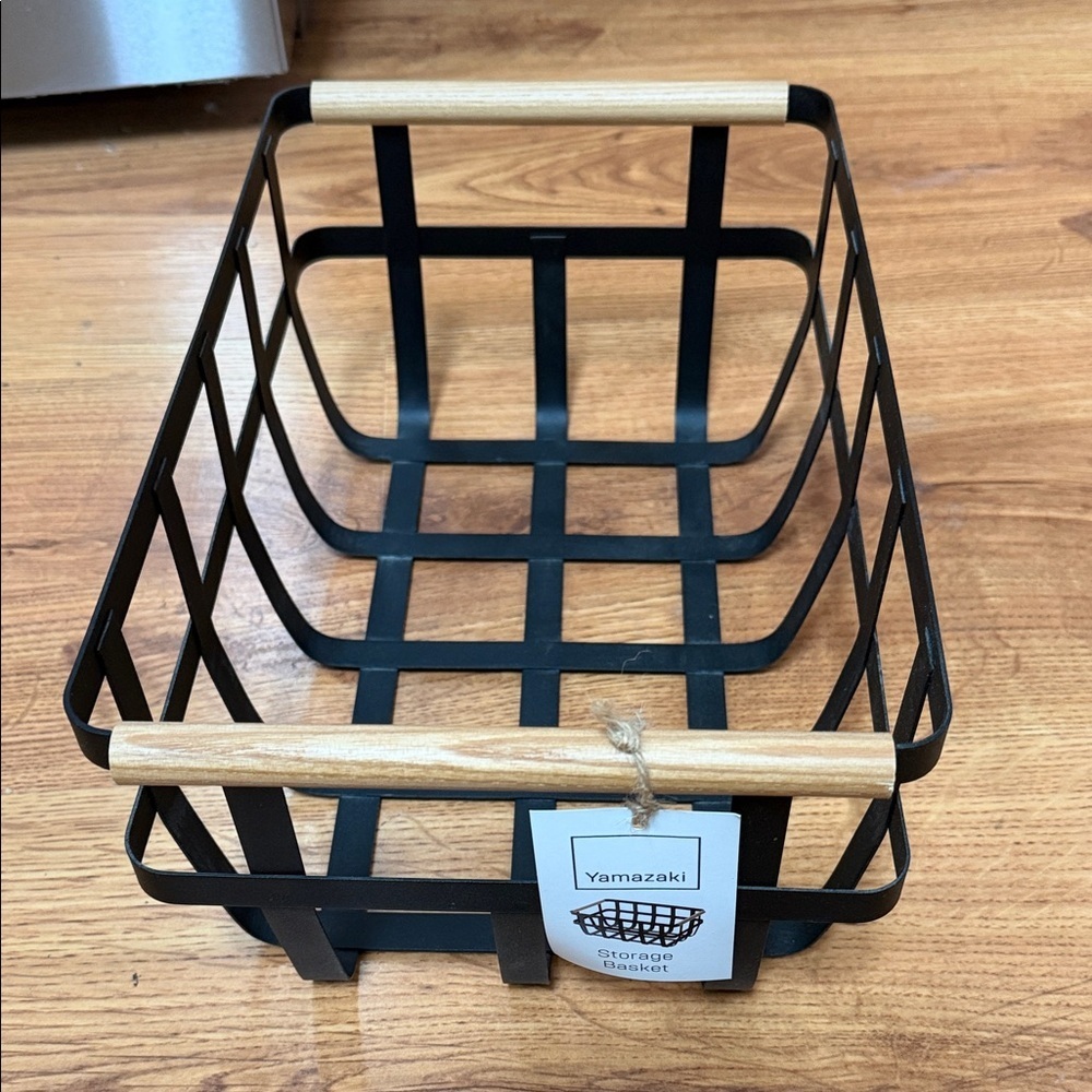 Yamazaki Black Metal Basket with Wooden Handles